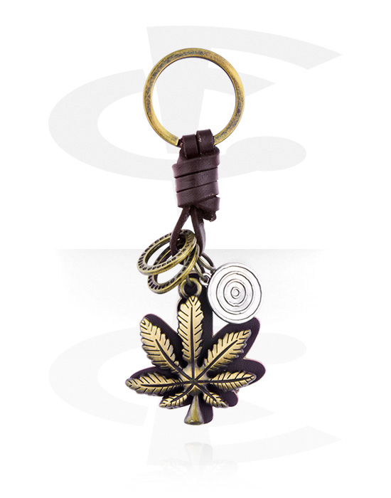 Porte-clés, Porte-clés avec feuille de cannabis, Acier allié, Cuir