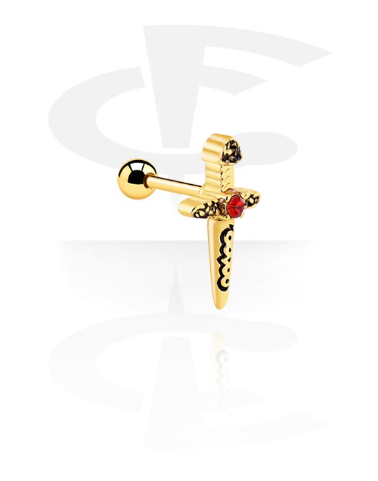 Helix & Tragus, Tragus Piercing with sword design and crystal stone, Gold Plated Surgical Steel 316L ,  Gold Plated Brass