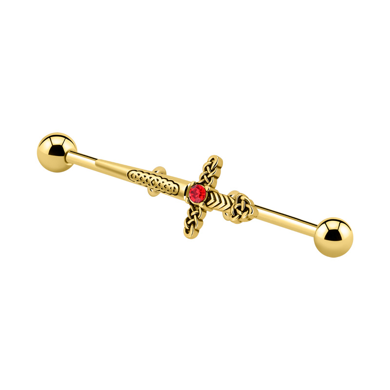 Barbell industriel avec motif épée et pierre en crystal Acier chirugical 316L / Plaqué or/Laiton plaqué or Barres