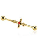 Barbells, Industrial Barbell with sword design and crystal stone, Gold Plated Surgical Steel 316L, Gold Plated Brass