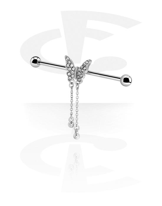 Barbells, Industrial Barbell with butterfly design and crystal stones, Surgical Steel 316L, Plated Brass