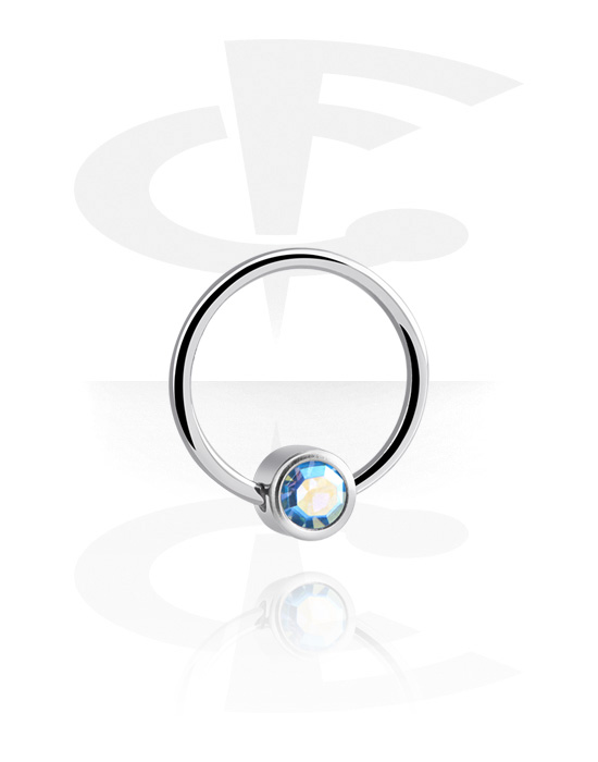 Piercing Rings, Ball closure ring (surgical steel, silver, shiny finish) with crystal stone, Surgical Steel 316L