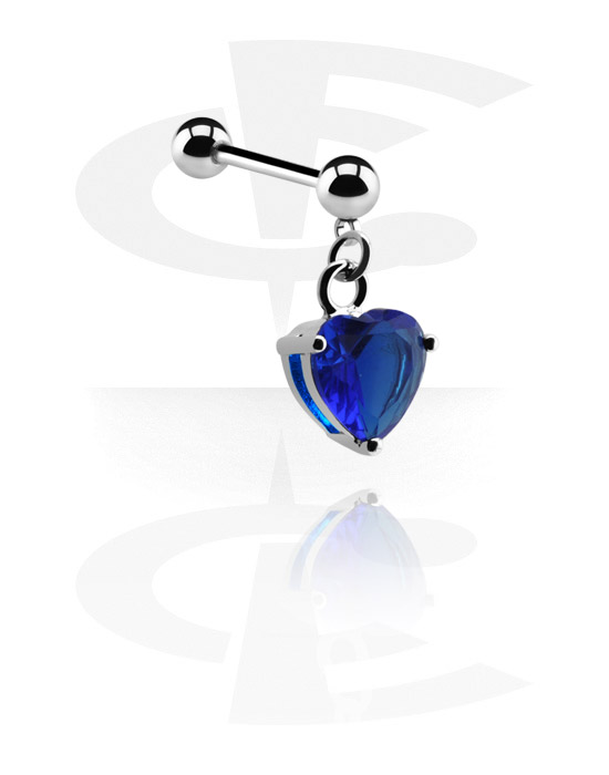 Barbells, Barbell (surgical steel, silver, shiny finish) with heart charm and crystal stone, Surgical Steel 316L, Plated Brass