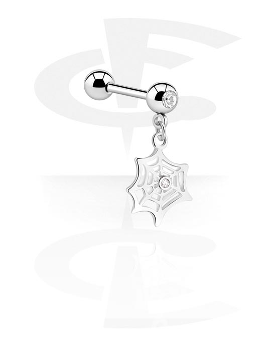 Barbells, Jeweled Barbell with Charm with spiderweb charm, Surgical Steel 316L, Plated Brass