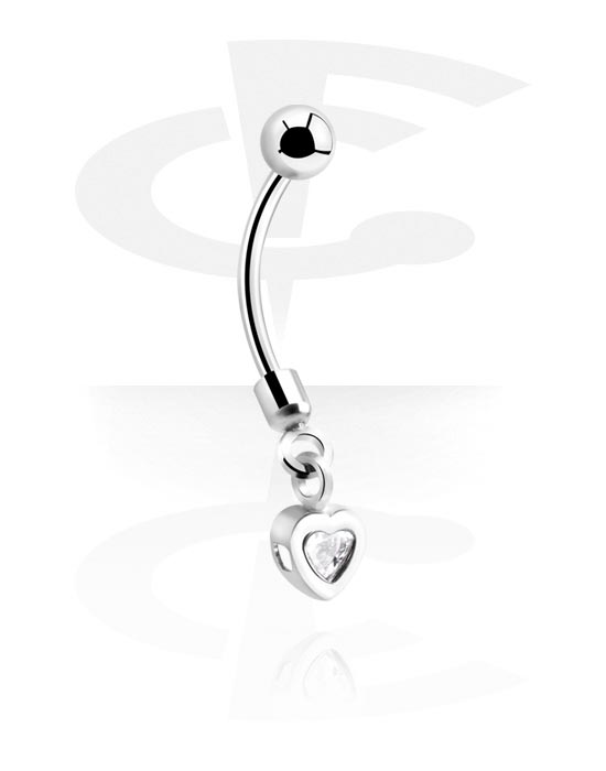 Zaobljene šipkice, Prsten za pupak (kirurški čelik, srebrna, sjajna završna obrada) s privjeskom sa srcem i kristalnim kamenom, Kirurški čelik 316L