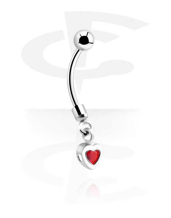 Curved Barbells, Belly button ring (surgical steel, silver, shiny finish) with heart charm and crystal stone, Surgical Steel 316L