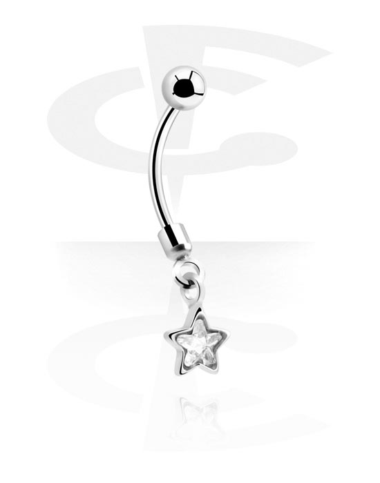 Curved Barbells, Belly button ring (surgical steel, silver, shiny finish) with star charm and crystal stone, Surgical Steel 316L