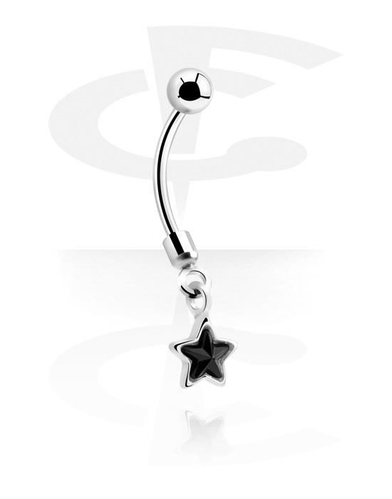 Curved Barbells, Belly button ring (surgical steel, silver, shiny finish) with star charm and crystal stone, Surgical Steel 316L
