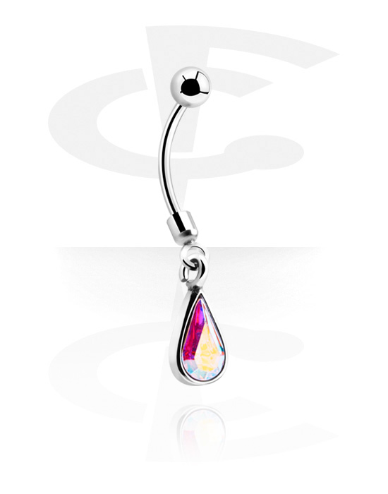 Curved Barbells, Banana (surgical steel, silver, shiny finish) with pendant and crystal stone, Surgical Steel 316L