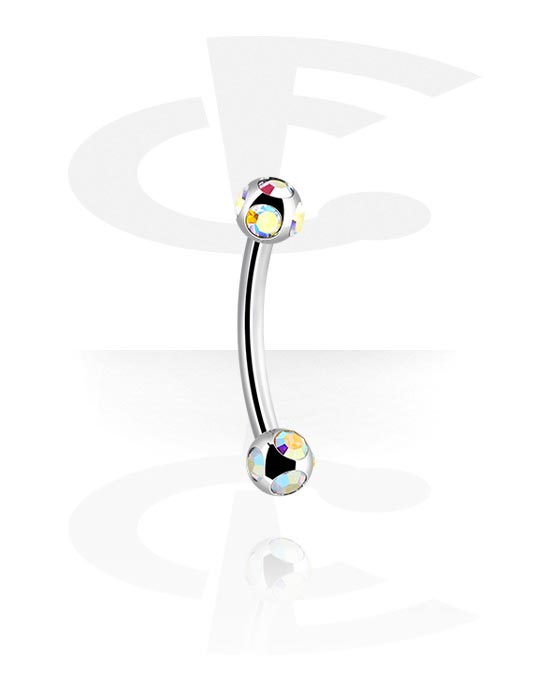 Curved Barbells, Banana (surgical steel, silver, shiny finish) with balls and crystal stones, Surgical Steel 316L