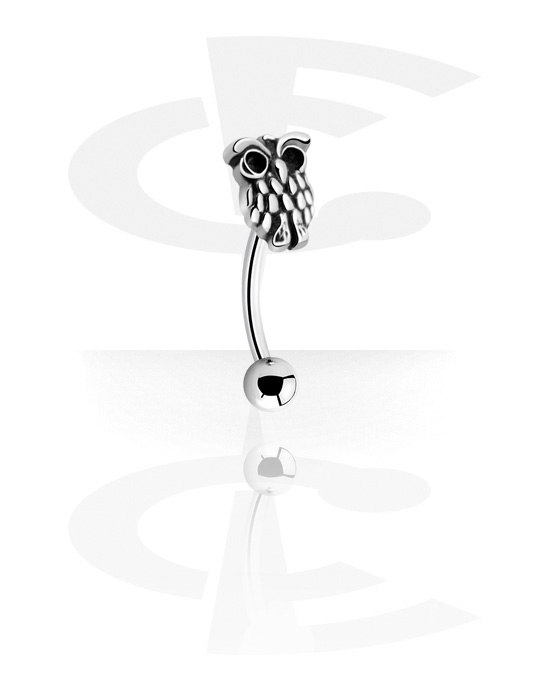 Curved Barbells, Eyebrow banana (surgical steel, silver, shiny finish) with owl design, Surgical Steel 316L