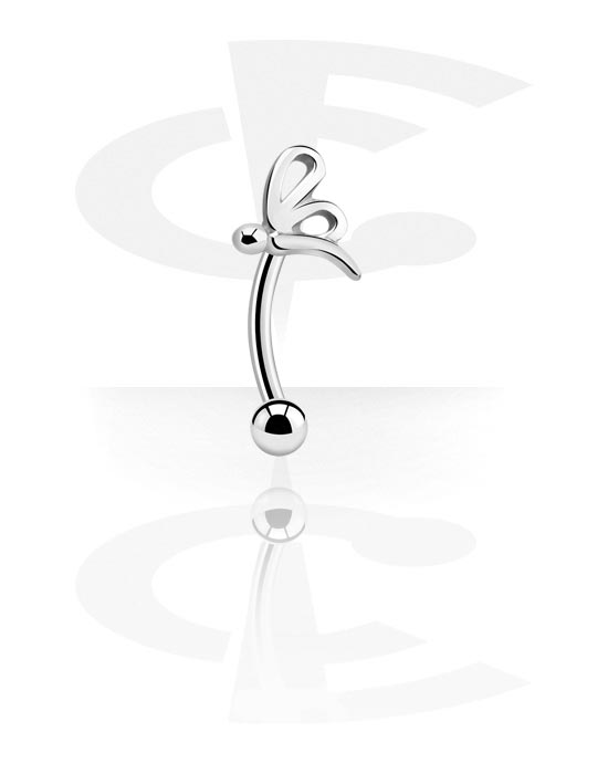 Curved Barbells, Eyebrow banana (surgical steel, silver, shiny finish) with butterfly design, Surgical Steel 316L