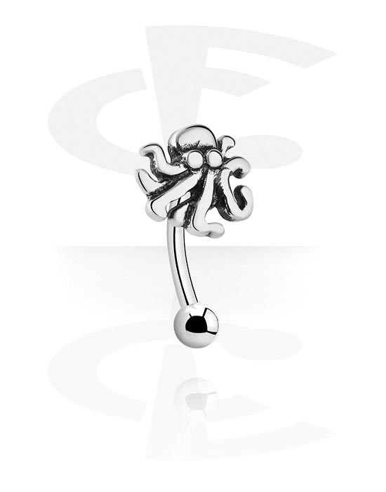 Curved Barbells, Eyebrow banana (surgical steel, silver, shiny finish) with octopus design, Surgical Steel 316L