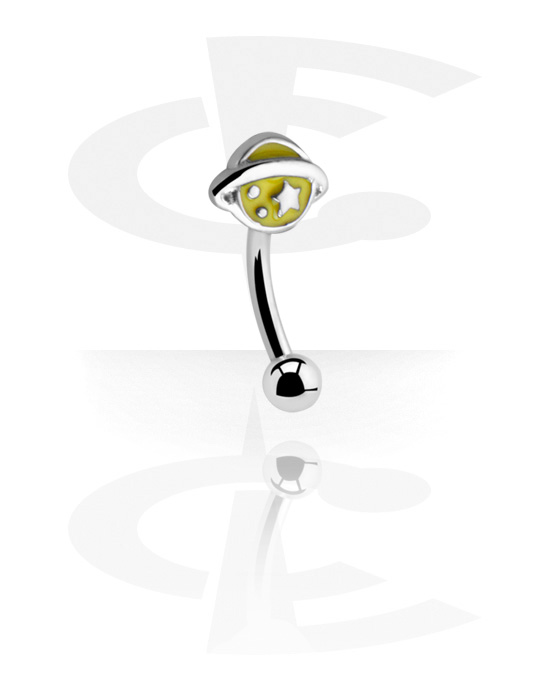 Curved Barbells, Eyebrow banana (surgical steel, silver, shiny finish) with planet design, Surgical Steel 316L