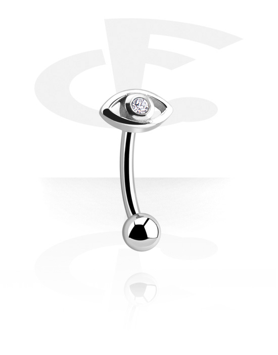 Curved Barbells, Eyebrow banana (surgical steel, silver, shiny finish) with eye design and crystal stone, Surgical Steel 316L