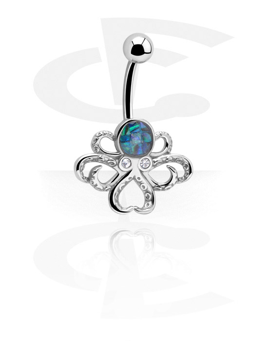Curved Barbells, Belly button ring (surgical steel, silver, shiny finish) with octopus design and crystal stone, Surgical Steel 316L