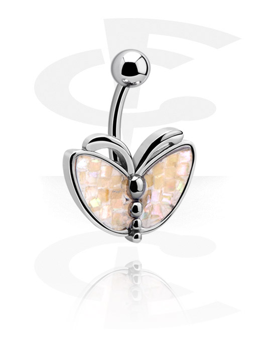 Curved Barbells, Belly button ring (surgical steel, silver, shiny finish) with butterfly design, Surgical Steel 316L
