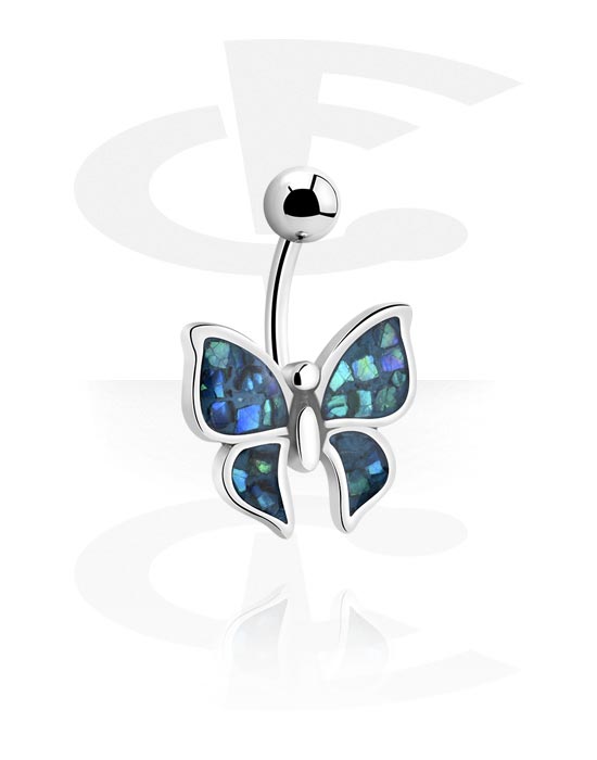 Curved Barbells, Belly button ring (surgical steel, silver, shiny finish) with butterfly design, Surgical Steel 316L