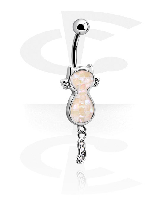Curved Barbells, Belly button ring (surgical steel, silver, shiny finish) with cat design and crystal stones, Surgical Steel 316L