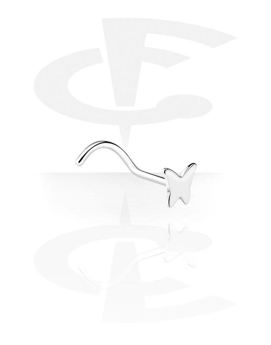 Nosovky a kroužky do nosu, Zahnutá nosovka (chirurgická ocel, stříbrná, lesklý povrch) s designem motýl, Chirurgická ocel 316L