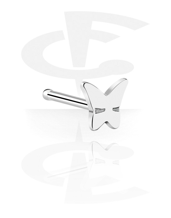 Nosovky a kroužky do nosu, Rovná nosovka (chirurgická ocel, stříbrná, lesklý povrch) s designem motýl, Chirurgická ocel 316L