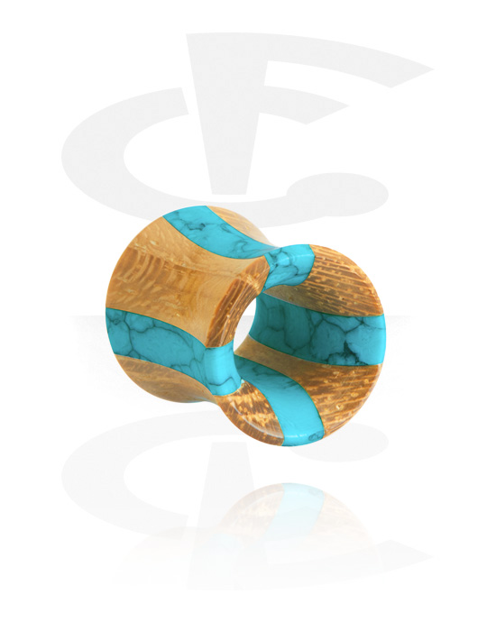 Tunnels & Plugs, Double flared tunnel (wood) with turquoise inlay, Teakwood ,  Turqouise