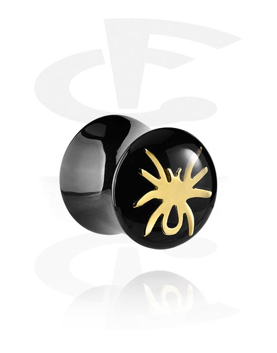 Tunneler & plugger, Dobbeltformet plugg (akryl, svart) med edderkoppdesign, Akryl