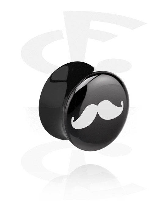 Tunnels & Plugs, Black Flared Plug – White Moustache, Acrylic