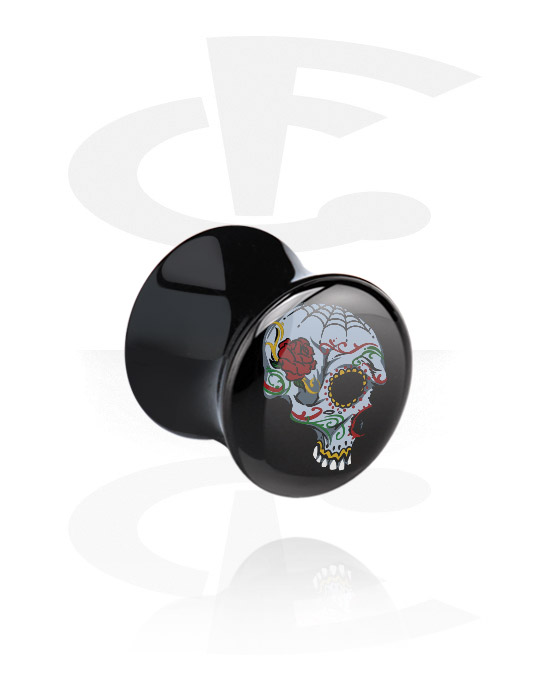 Tunnels & Plugs, Black Double Flared Plug with skull design, Acrylic