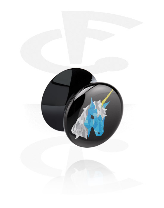 Tunnels & Plugs, Black Double Flared Plug with unicorn design, Acrylic