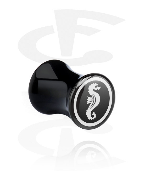 Tunnels & Plugs, Black Double Flared Plug with seahorse design, Acrylic