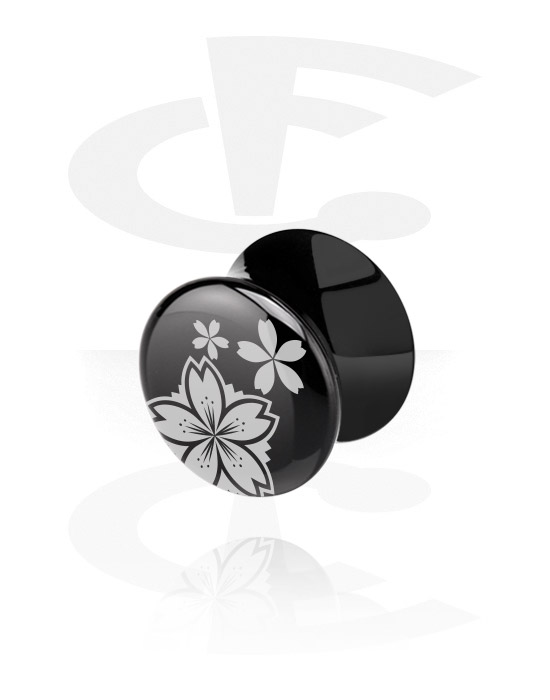 Tunnels & Plugs, Black Double Flared Plug with flower design, Acrylic