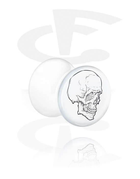 Tunnels & Plugs, White Double Flared Plug with skull design, Acrylic