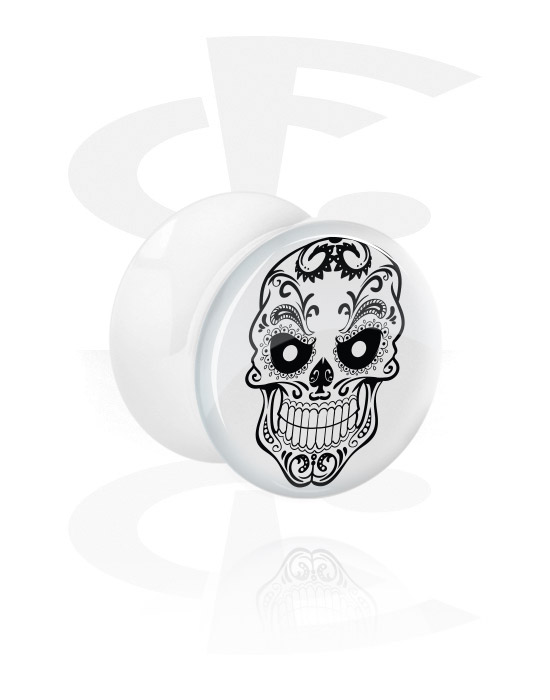 Tunnels & Plugs, White Double Flared Plug with Skull, Acrylic