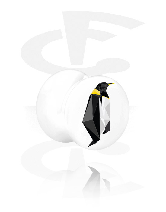 Tunele & plugi, Biały plug z dwoma ściankami z wzorem pingwina, Akryl