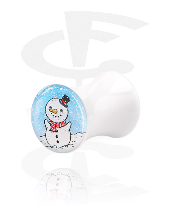 Tunnels & Plugs, White Double Flared Plug with Winter Snowman Design, Acrylic