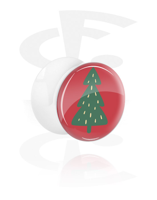 Tunnels & Plugs, White Double Flared Plug with winter Christmas tree design, Acrylic