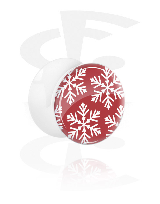 Tunnels & Plugs, White Double Flared Plug with winter snowflake design, Acrylic