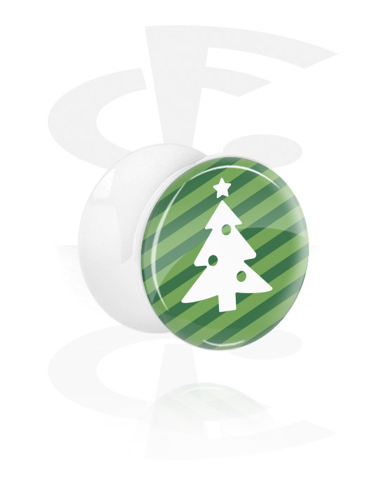 Tunely & plugy, Biely plug s dvojitým okrajom s Zimný motív vianočný stromček, Akryl