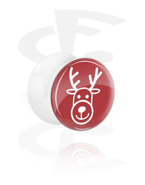 Tunnels & Plugs, White Double Flared Plug with Winter Reindeer Design, Acrylic