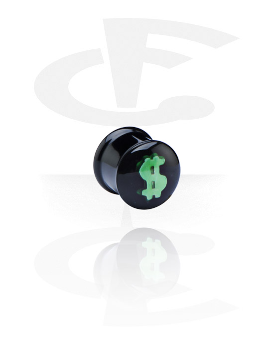 Tunnels & Plugs, Ribbed plug (acrylique, noir) avec motif "dollar", Acrylique