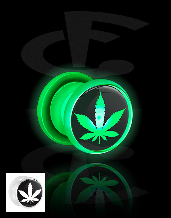 Tunnels & Plugs, Screw-on tunnel (acrylic, white) with LED attachment and Marijuana leaf, Acrylic