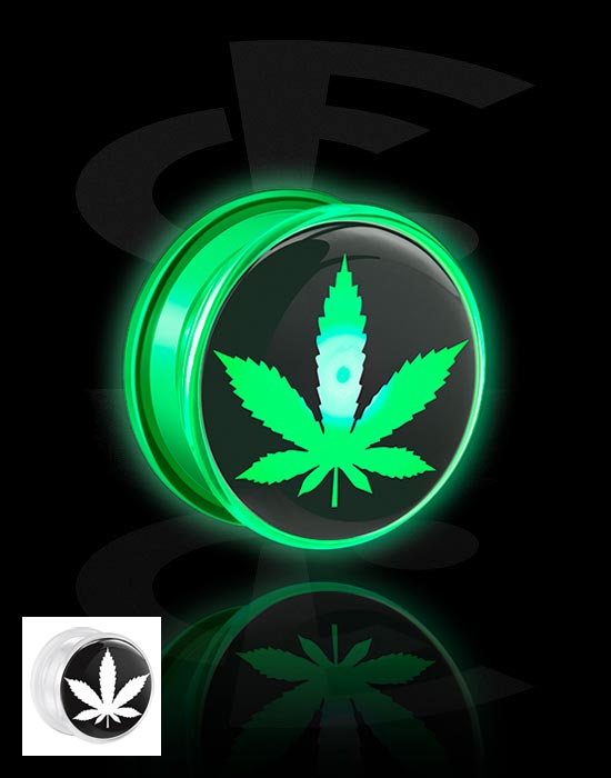 Tunnels & Plugs, Screw-on tunnel (acrylic, white) with LED attachment and Marijuana leaf, Acrylic