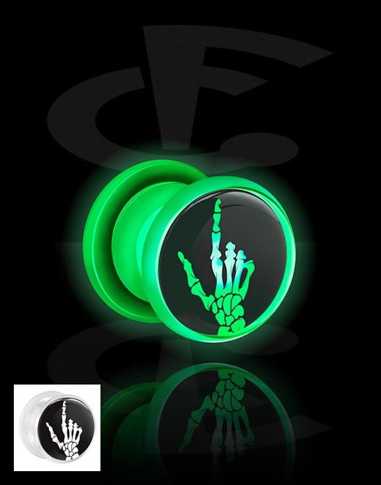 Tunnels & Plugs, Screw-on tunnel (acrylic, white) with LED attachment and skeleton hand design, Acrylic
