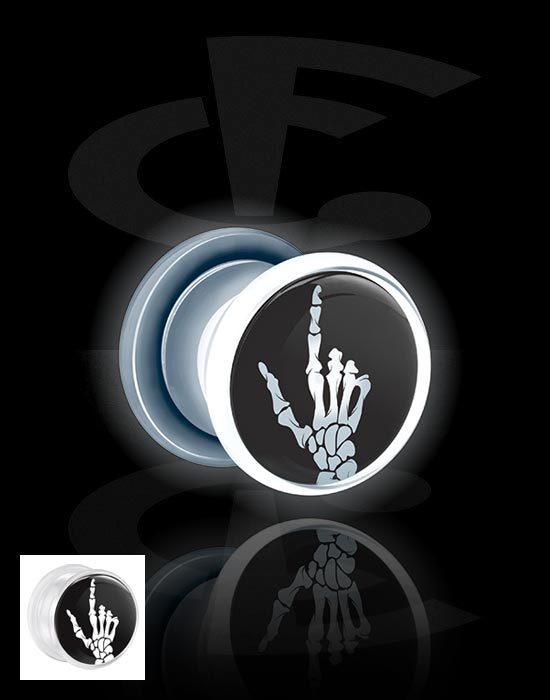 Alagutak és dugók, Screw-on tunnel (acrylic, white) val vel LED attachment és skeleton hand design, Akril