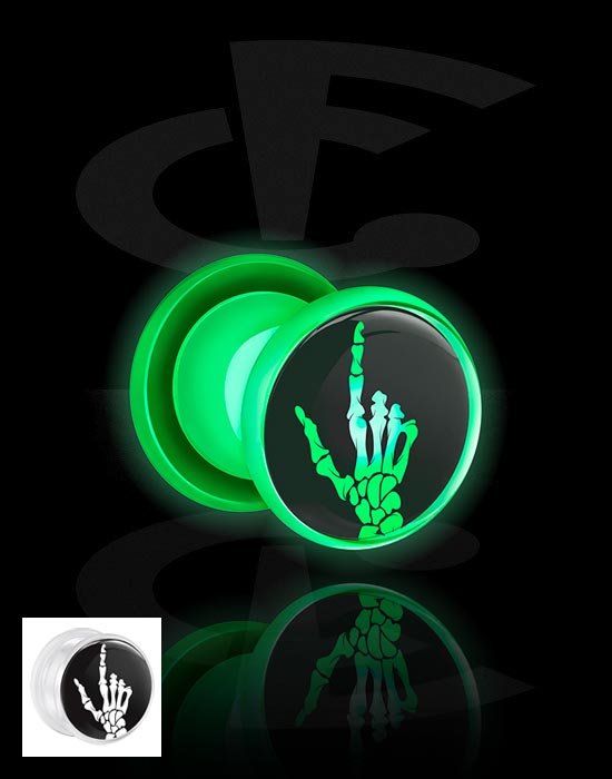 Tunneler & plugger, Skrutunnel (akryl, hvit) med LED-feste og skjeletthånddesign, Akryl