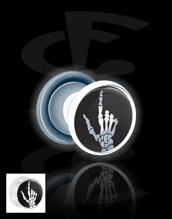 Tunnel & Plug, Tunnel con filettatura (acrilico, bianco) con accessorio LED e design mano di scheletro, Acrilico