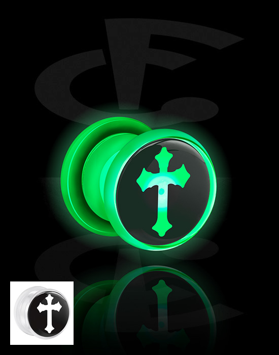 Tunnels & Plugs, Screw-on tunnel (acrylic, white) with LED attachment and cross design, Acrylic