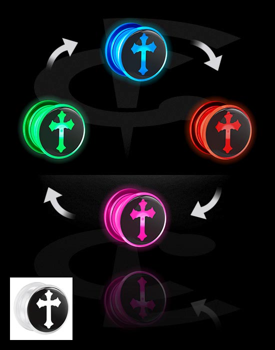 Tunnels & Plugs, Screw-on tunnel (acrylic, white) with LED attachment and cross design, Acrylic