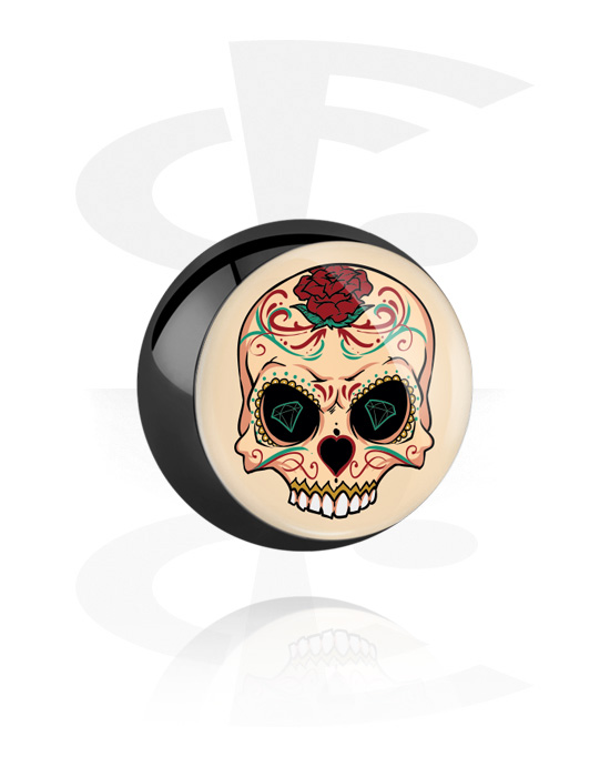 Golyók, tűk és egyebek, Ball for 1.6mm threaded pins (surgical steel, black, shiny finish) val vel sugar skull "Dia de Los Muertos" design , Sebészeti acél, 316L